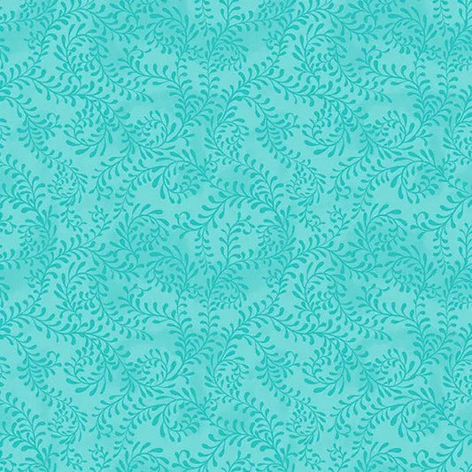 Blue Turquoise Swirling Leaves Cotton Wideback Fabric per yard